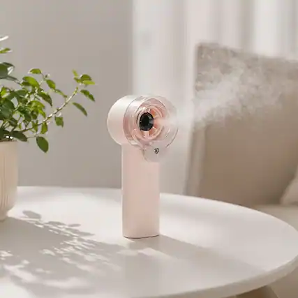 Front. Oumilen - Handheld Misting Personal Fan, 3-Speed Rechargeable Mist Fan 2.04x2.04x6.02in, Pink for Outdoor Travel - Pink.