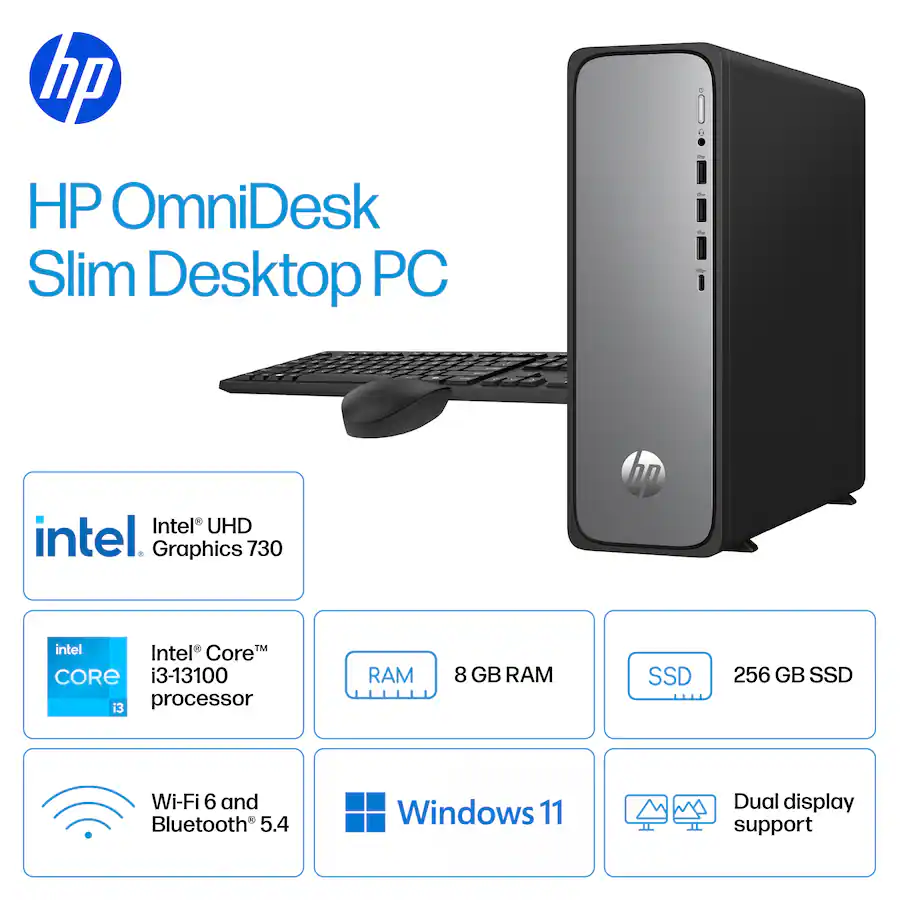 HP OmniDesk Slim Desktop Intel Core i3 8GB DDR5 Memory 256GB SSD Meteor ...