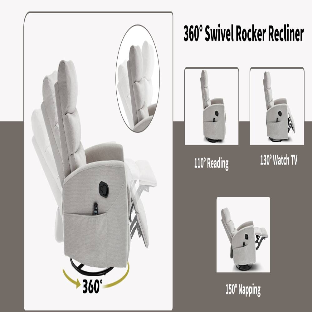 360° Swivel Rocker Recliner
110° Reading
130° Watch TV
360°
150° Napping
