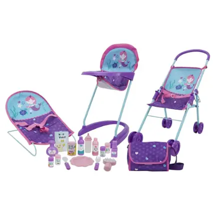 The image features a purple baby stroller with a matching purple diaper bag and a purple baby chair. The stroller is accompanied by a pink tray and a pink bottle, as well as a pink bowl and a pink cup. The baby chair is also purple and has a pink tray. The diaper bag is purple with polka dots and is placed next to the stroller. The overall scene is colorful and well-organized, showcasing the baby's accessories and items.