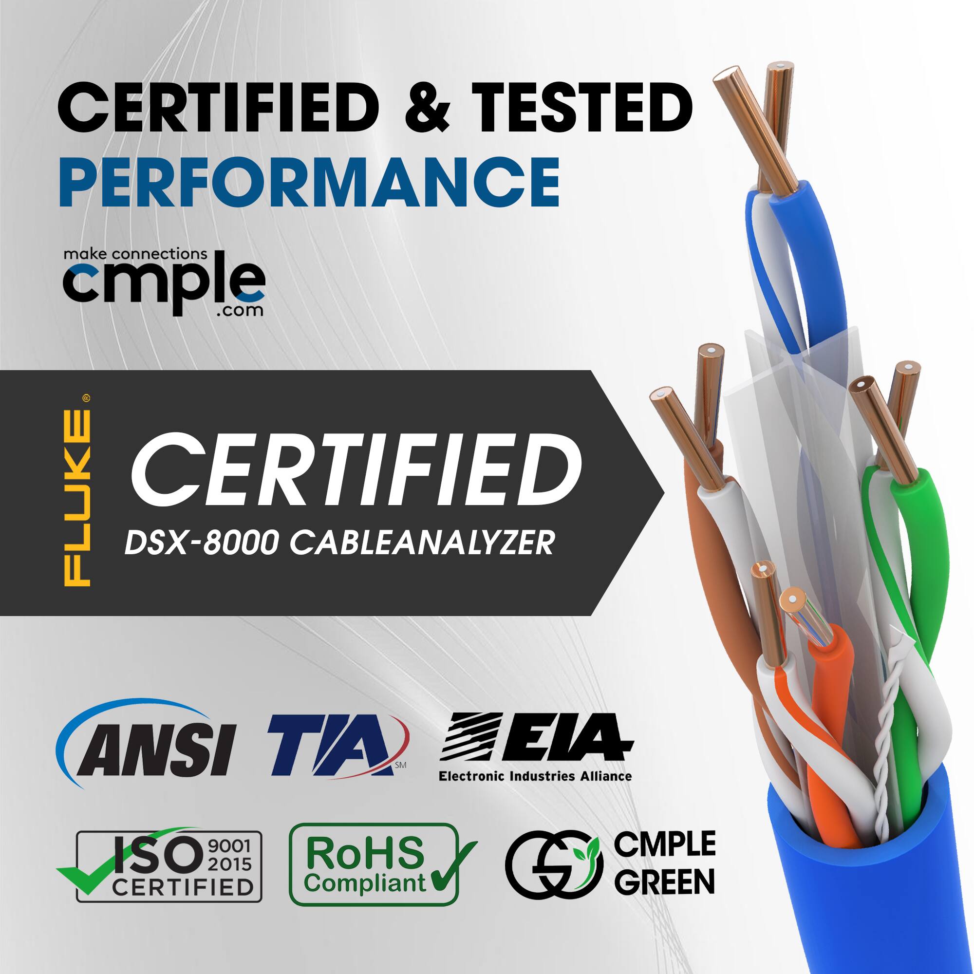CERTIFIED & TESTED PERFORMANCE  
make connections cmple.com  

CERTIFIED  
DSX-8000 CABLEANALYZER  

ANSI TIA  
Electronic Industries Alliance  

ISO 9001 2015  
RoHS CERTIFIED Compliant  

CMPLE GREEN