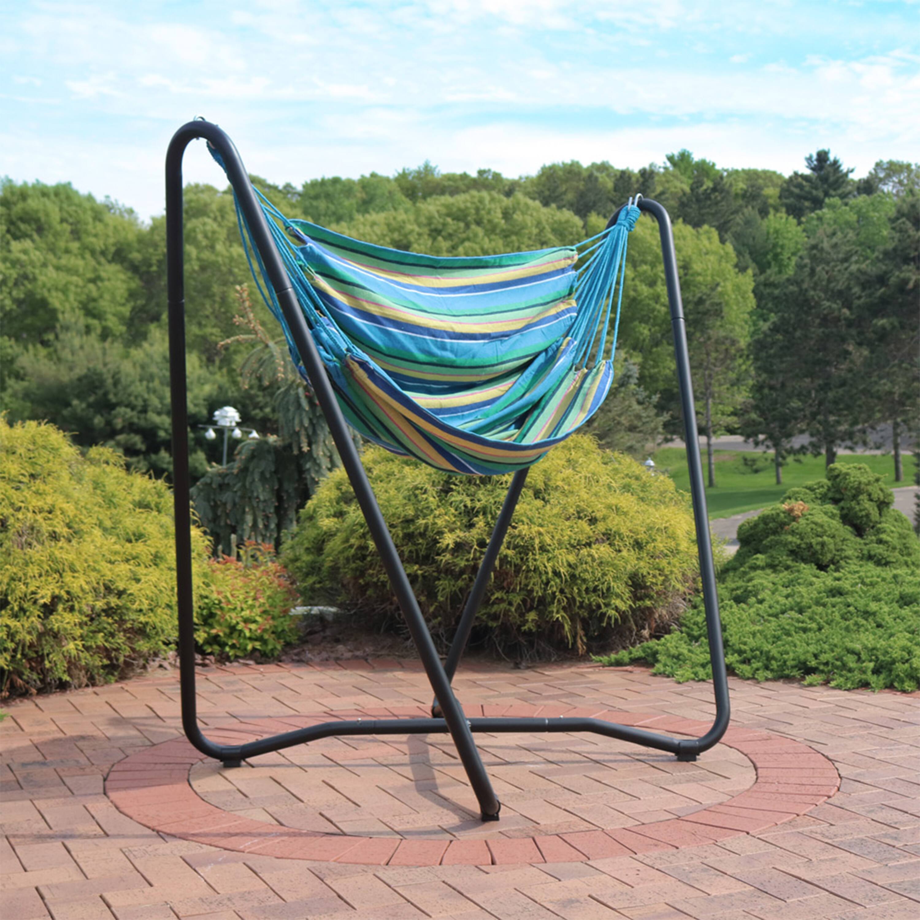 Alt View 2. Sunnydaze - Cotton Hammock Chair with Space Saving Steel Stand - Ocean Breeze.