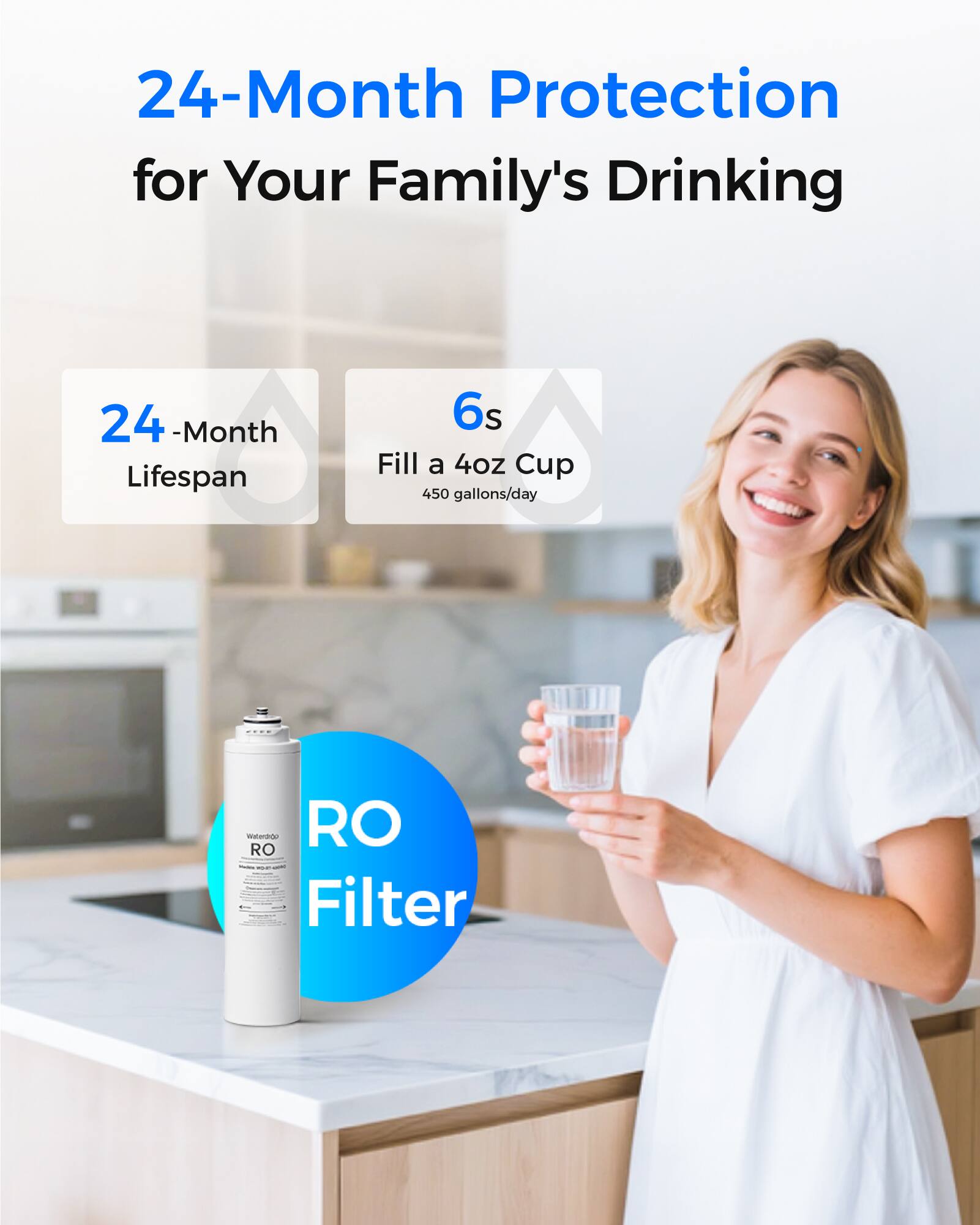 24-Month Protection for Your Family's Drinking

24-Month Lifespan

6s Fill a 4oz Cup
450 gallons/day

RO Filter