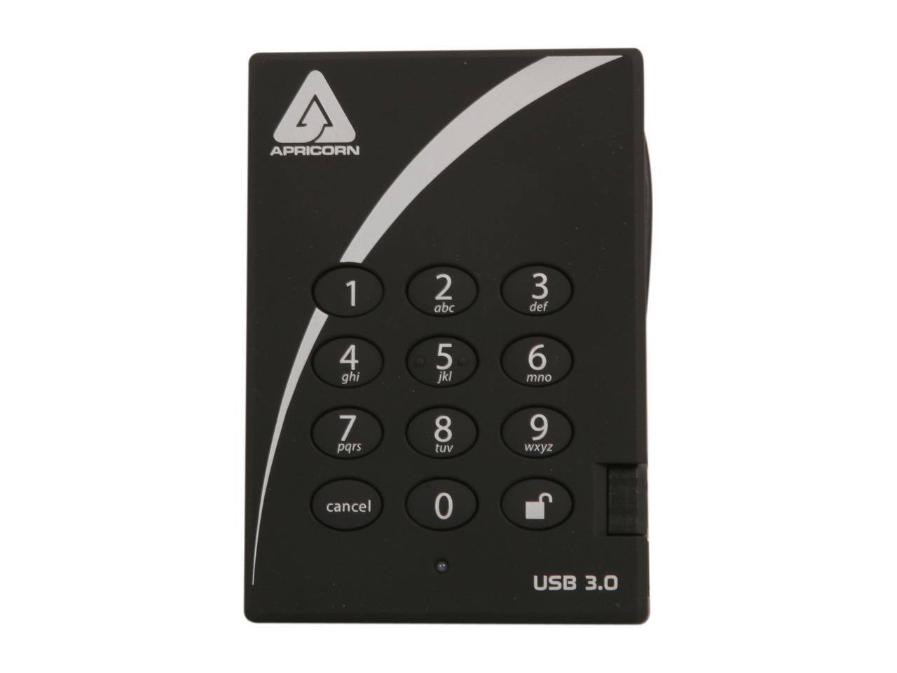 APRICORN

1 abc  
2 def  
3 ghi  
4 jkl  
5 mno  
6 pqrs  
7 tuv  
8 wxyz  
cancel 0 USB 3.0