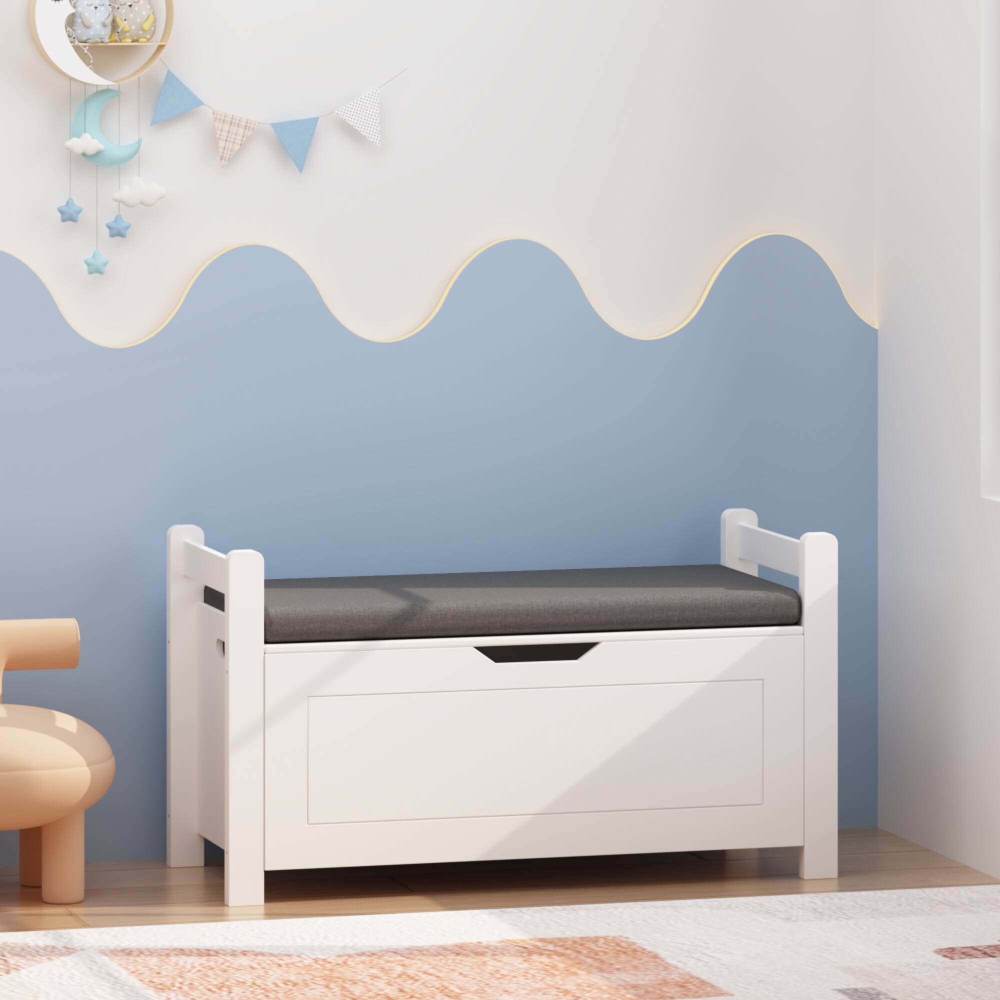 Angle. Z-Edge - Kids Storage Bench, Wooden Toy Box Chest, Large Storage Cabinet with Safety Hinge, Flip-Top Lid for Nursery, Playroom - White.