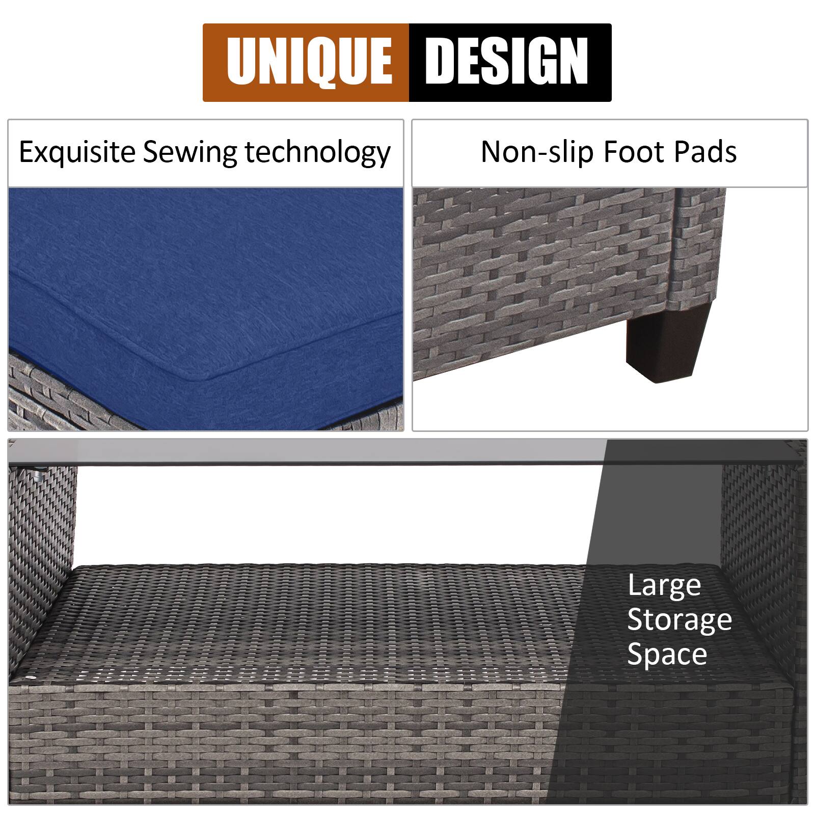 UNIQUE DESIGN  
Exquisite Sewing technology  
Non-slip Foot Pads  
Large Storage Space