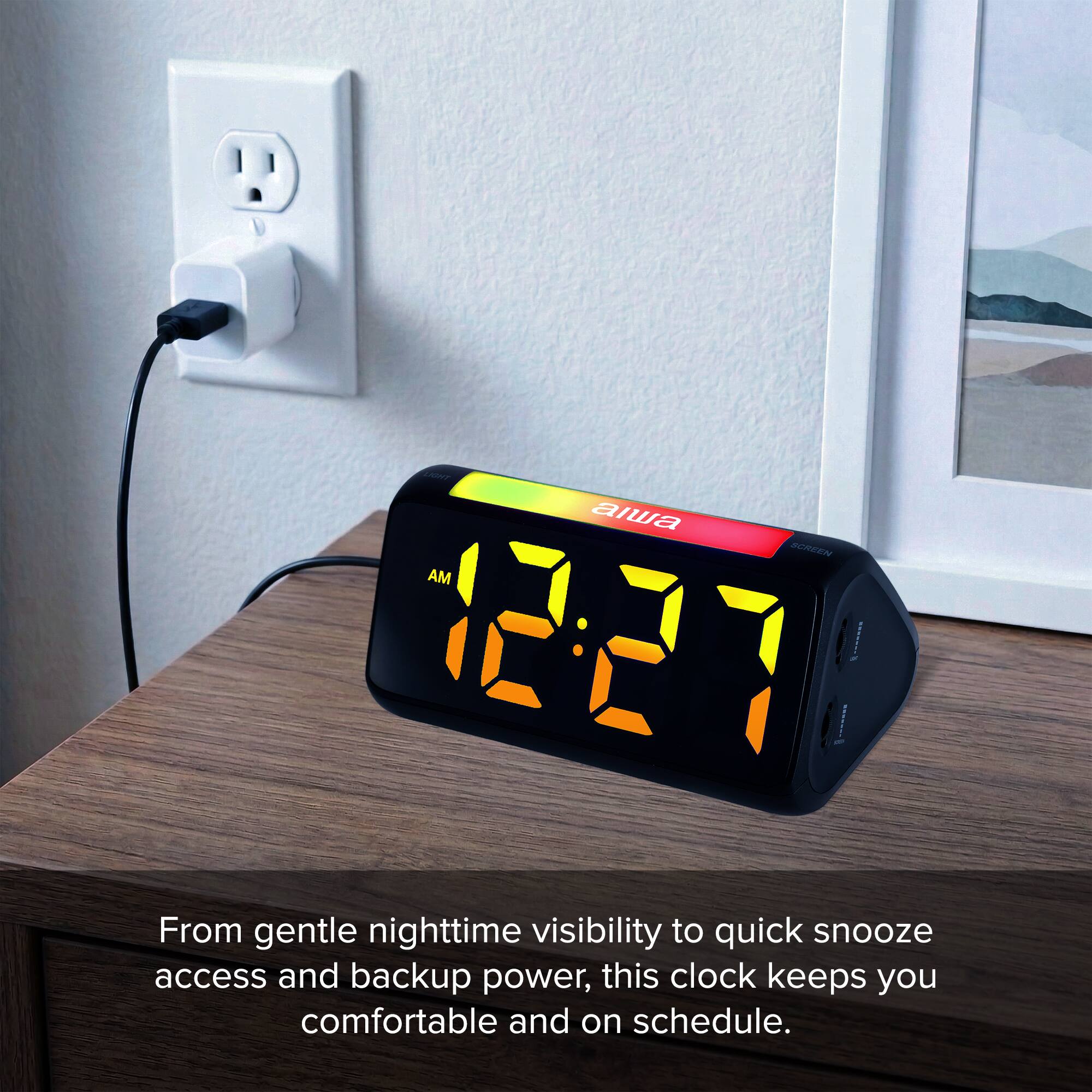 LIGHT AIWA SCREEN AM 12:27 MARKETS

From gentle nighttime visibility to quick snooze access and backup power, this clock keeps you comfortable and on schedule.