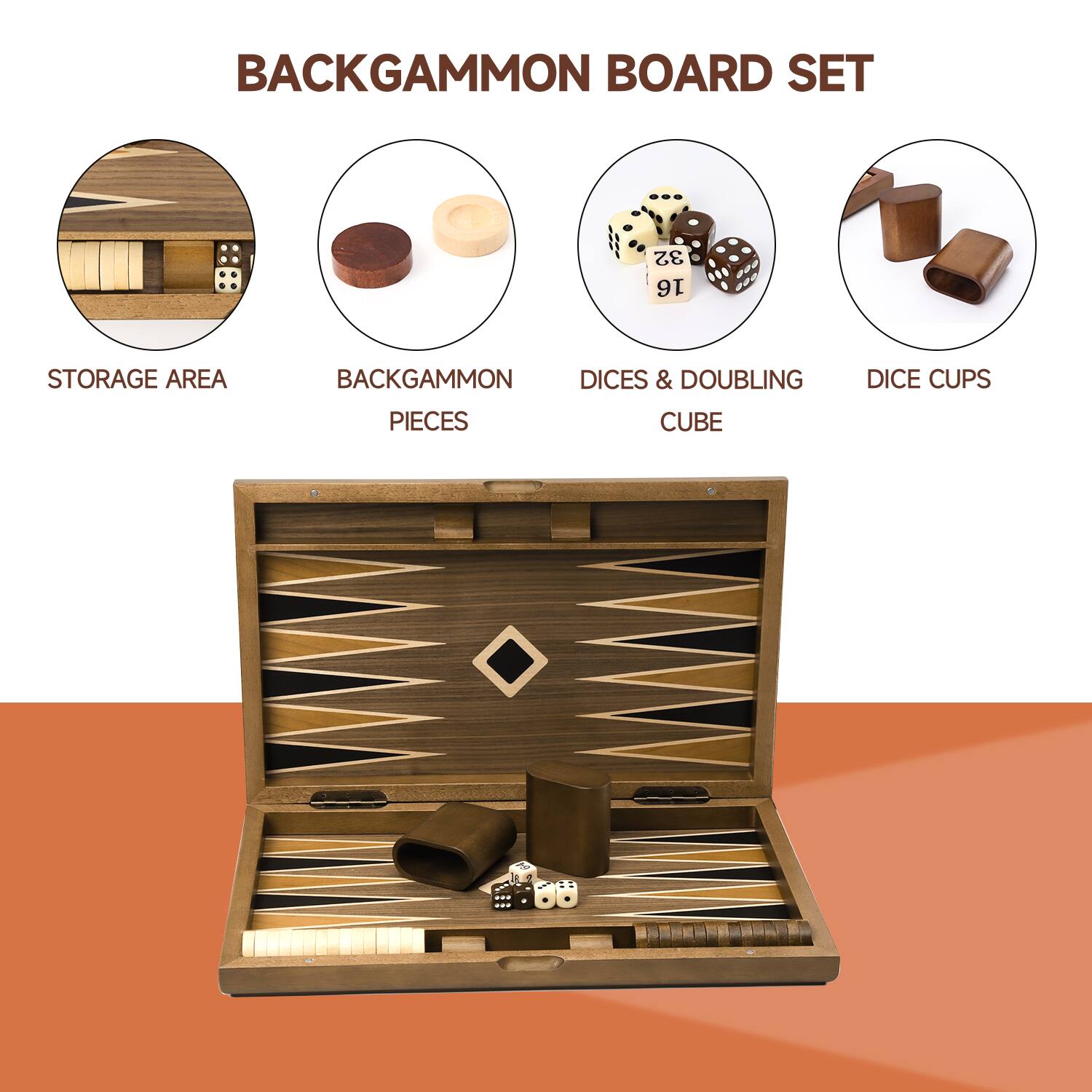 BACKGAMMON BOARD SET STORAGE AREA BACKGAMMON PIECES DICES & DOUBLING CUBE DICE CUPS