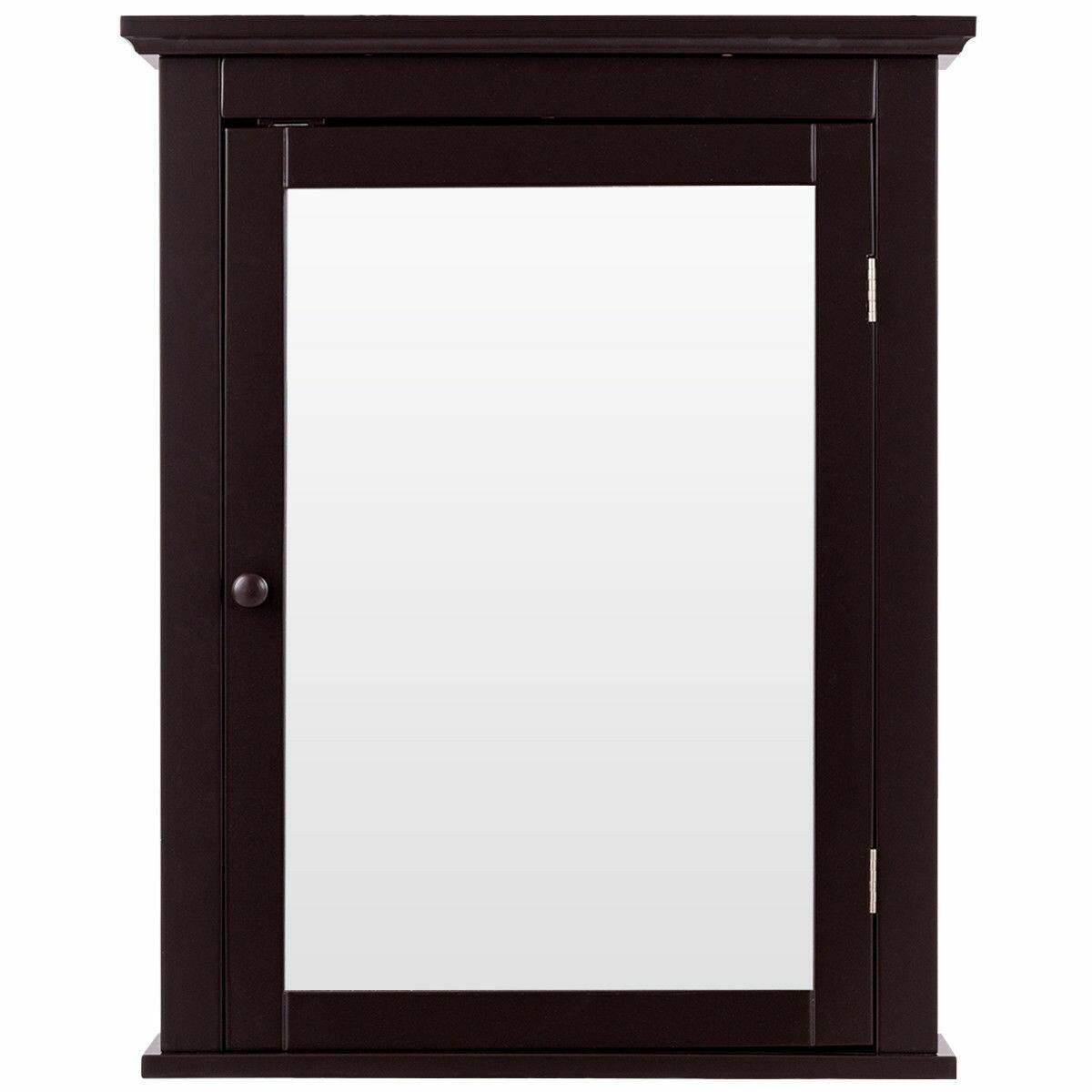 Left. WELLFOR - Wall-Mounted Bathroom Mirror Cabinet with Height-Adjustable Shelf and HD Mirror - Brown.