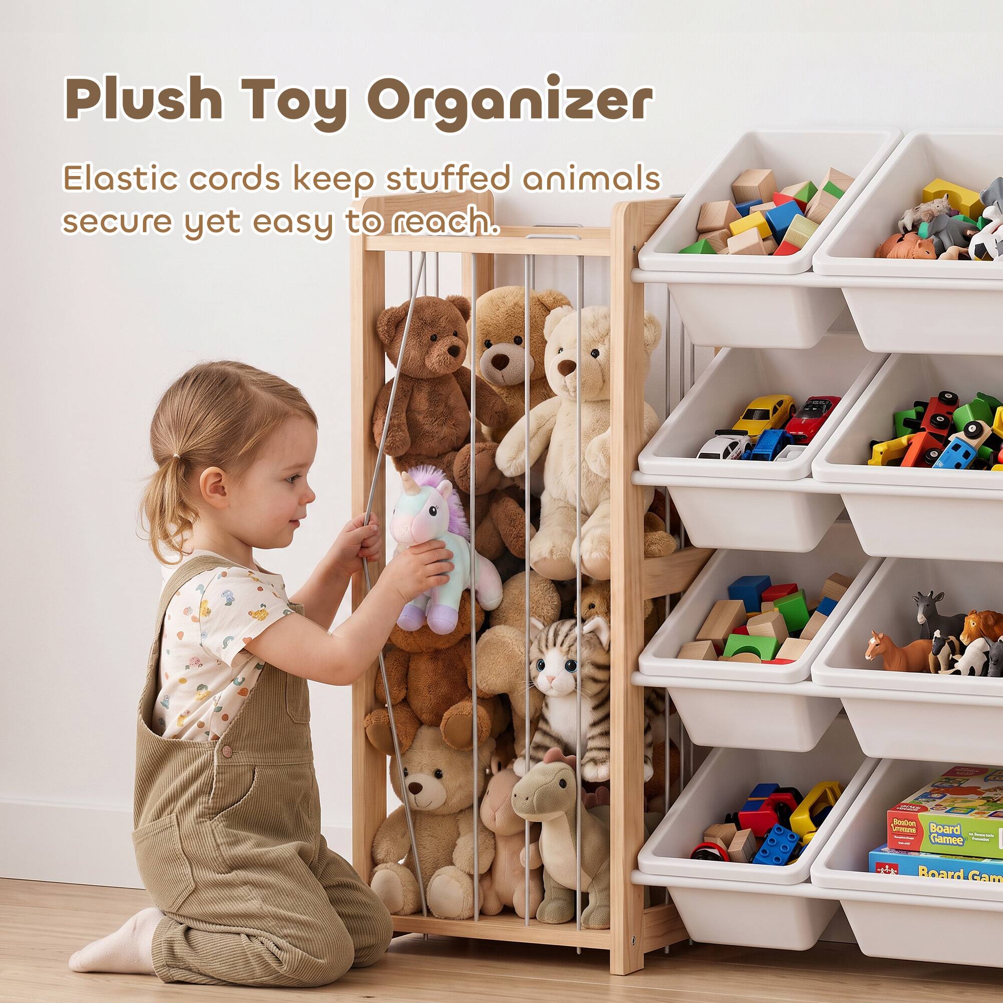 Plush Toy Organizer  
Elastic cords keep stuffed animals secure yet easy to reach.