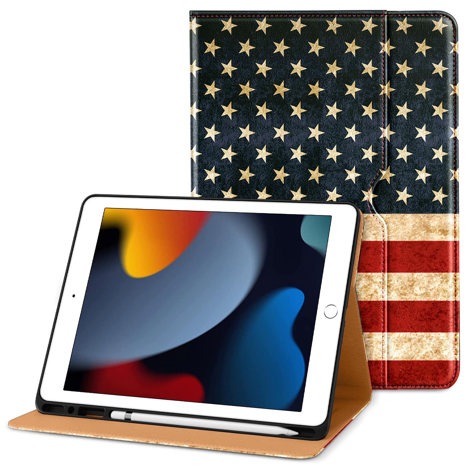 DTTO - Case for iPad 9th/8th/7th Generation 10.2 Inch 2021/2020/2019, Premium Leather Folio Stand - Auto Wake/Sleep - US Flag