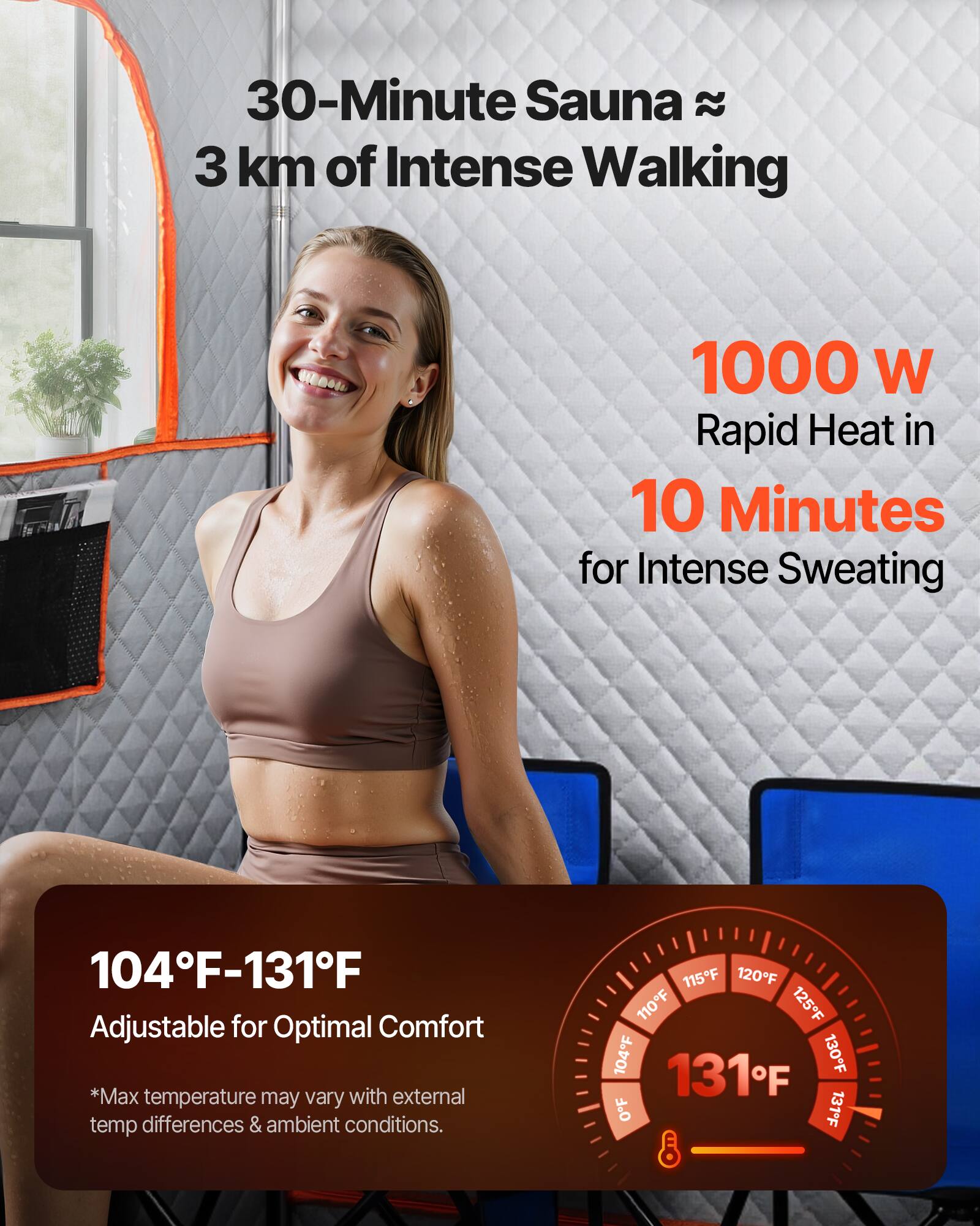 30-Minute Sauna ≈ 3 km of Intense Walking

1000 W Rapid Heat in 10 Minutes for Intense Sweating

104°F-131°F Adjustable for Optimal Comfort *Max temperature may vary with external temp differences & ambient conditions.

115°F 120°F 110°F 125°F 104°F 131°F 130°F OF 131°F