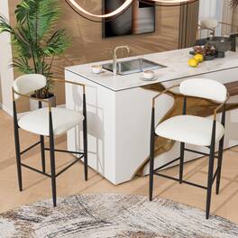 APRILSOUL - Barstools Set of 2 Upholstered Back Kitchen Island Beige Faux PU Leather Black Iron 260LBS - White
