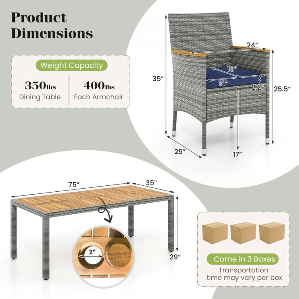 Product Dimensions  
Weight Capacity  
- Dining Table: 350 lbs  
- Each Armchair: 400 lbs  

Dining Table:  
- Length: 75"  
- Width: 35"  
- Height: 29"  
- Leg Diameter: 2"  

Armchair:  
- Height: 35"  
- Width: 24"  
- Depth: 19"  
- Seat Height: 18"  
- Armrest Height: 25.5"  
- Seat Depth: 25"  
- Leg Height: 17"  

Come in 3 Boxes  
Transportation time may vary per box