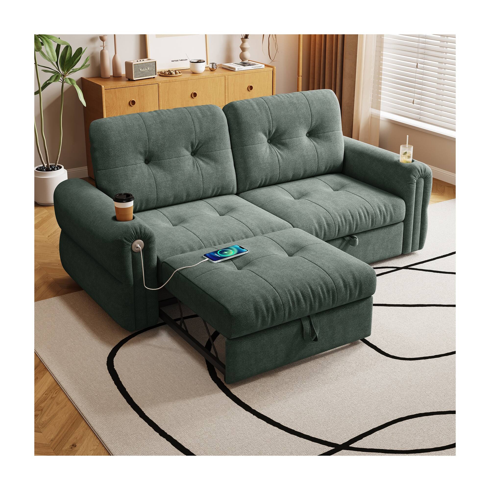 Alt View 1. Boyel Living - 77-Inch Chenille Convertible Sleeper Loveseat with Pull-Out Bed - Green.