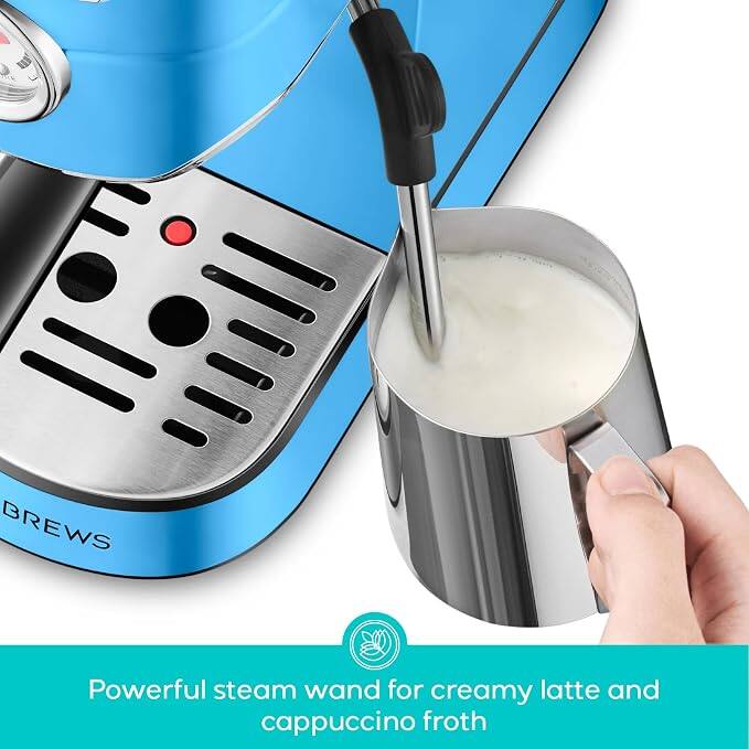 Brews Powerful steam wand for creamy latte and cappuccino froth