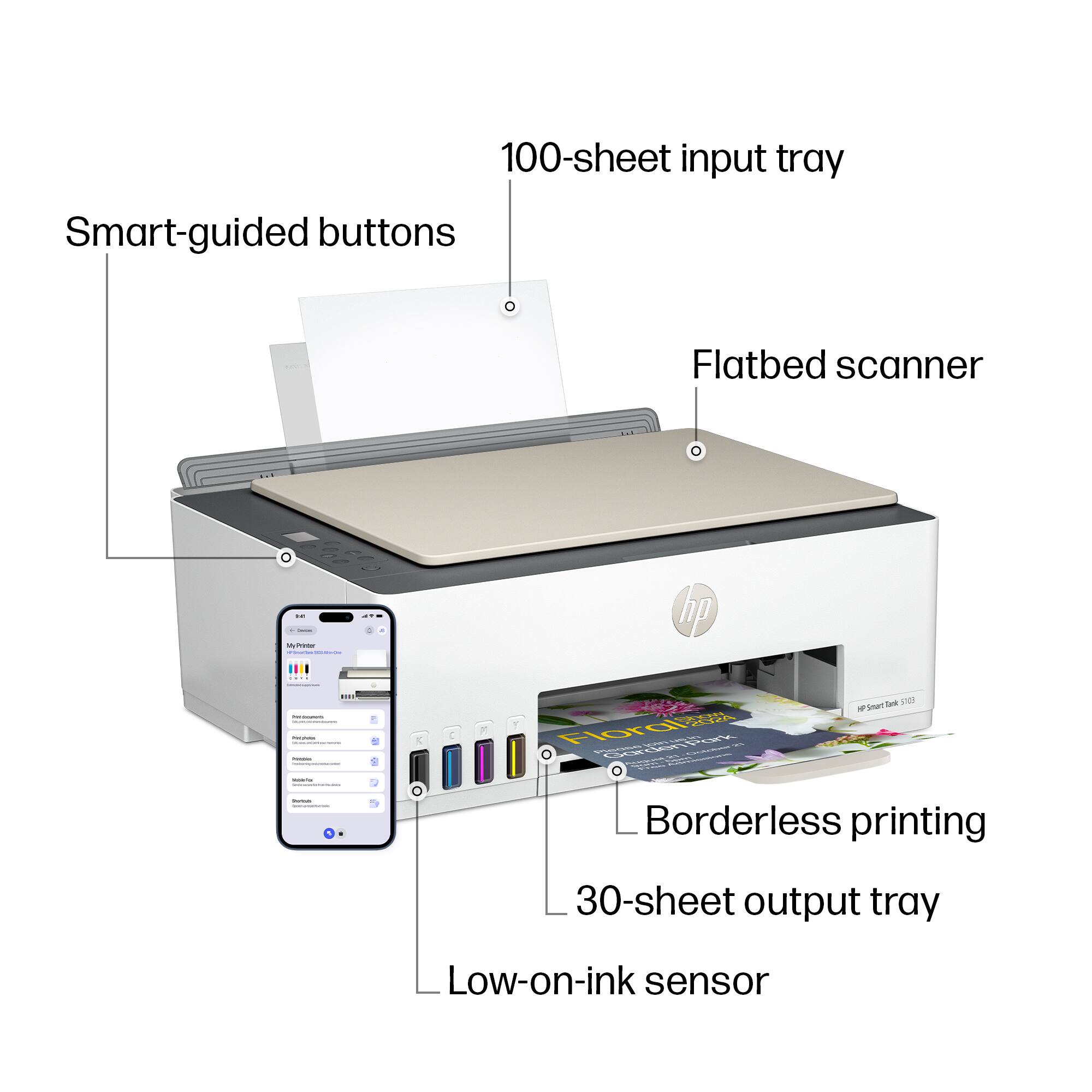 - 100-sheet input tray
- Smart-guided buttons
- Flatbed scanner
- Borderless printing
- 30-sheet output tray
- Low-on-ink sensor