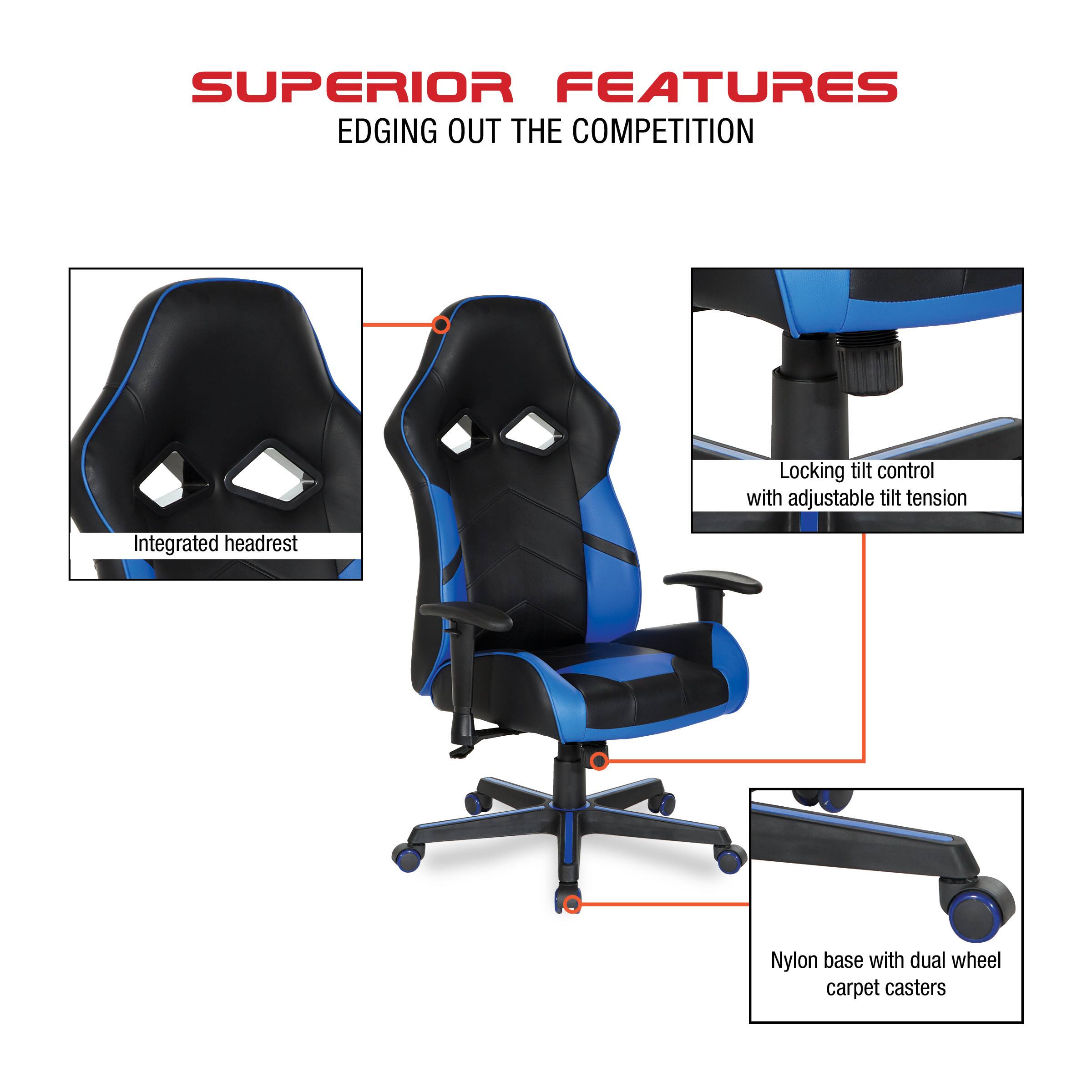 Superior Features Edging Out the Competition: Locking tilt control with adjustable tilt tension, Integrated headrest, Nylon base with dual wheel carpet casters.