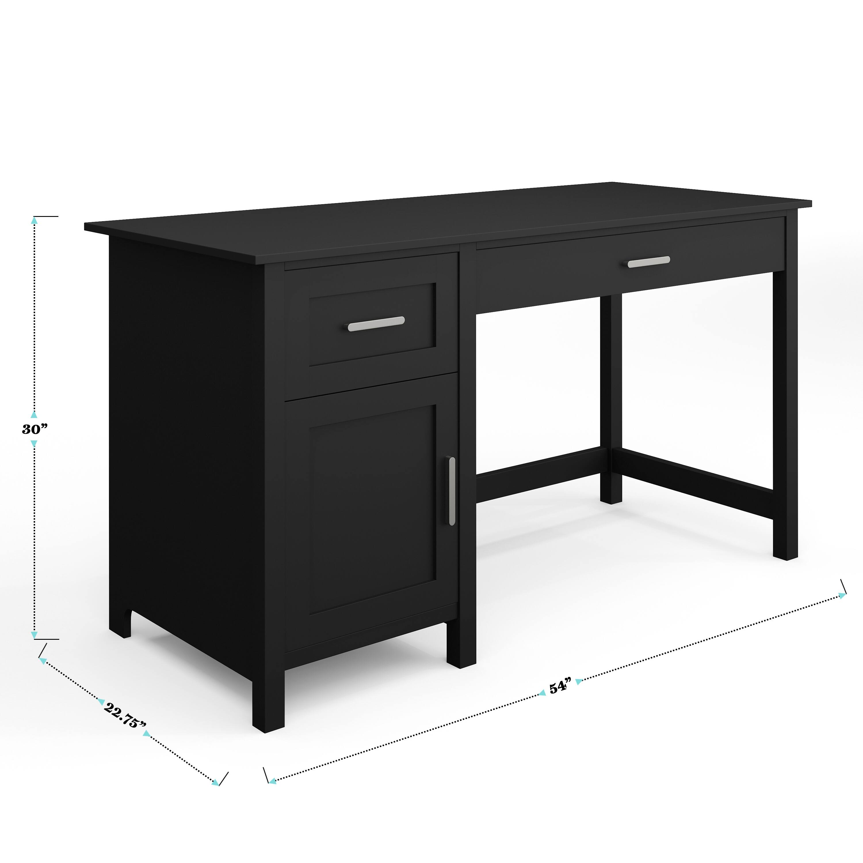 The text on the image reads "30" 22.75" 54". This indicates that the black desk is 30 inches wide, 22.75 inches deep, and 54 inches tall.