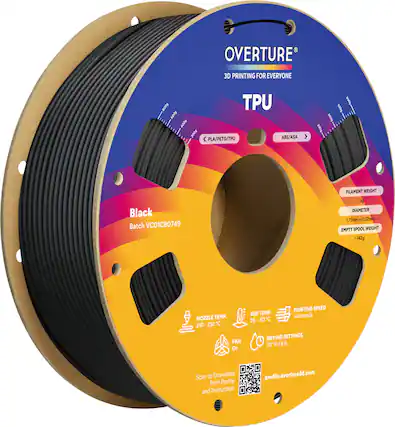 OVERTURE
3D PRINTING FOR EVERYONE
TPU
Black
Batch VC01CB0749
FILAMENT WEIGHT
1kg
DIAMETER
1.75mm ± 0.02mm
EMPTY SPOOL WEIGHT
-142g
NOZZLE TEMP.
210 - 230°C
BED TEMP.
25 - 60°C
PRINTING SPEED
<40 mm/s
FAN
On
DRYING SETTINGS
70°C / 8h
Scan to Download Print Profile and Instruction
profile.overture3d.com