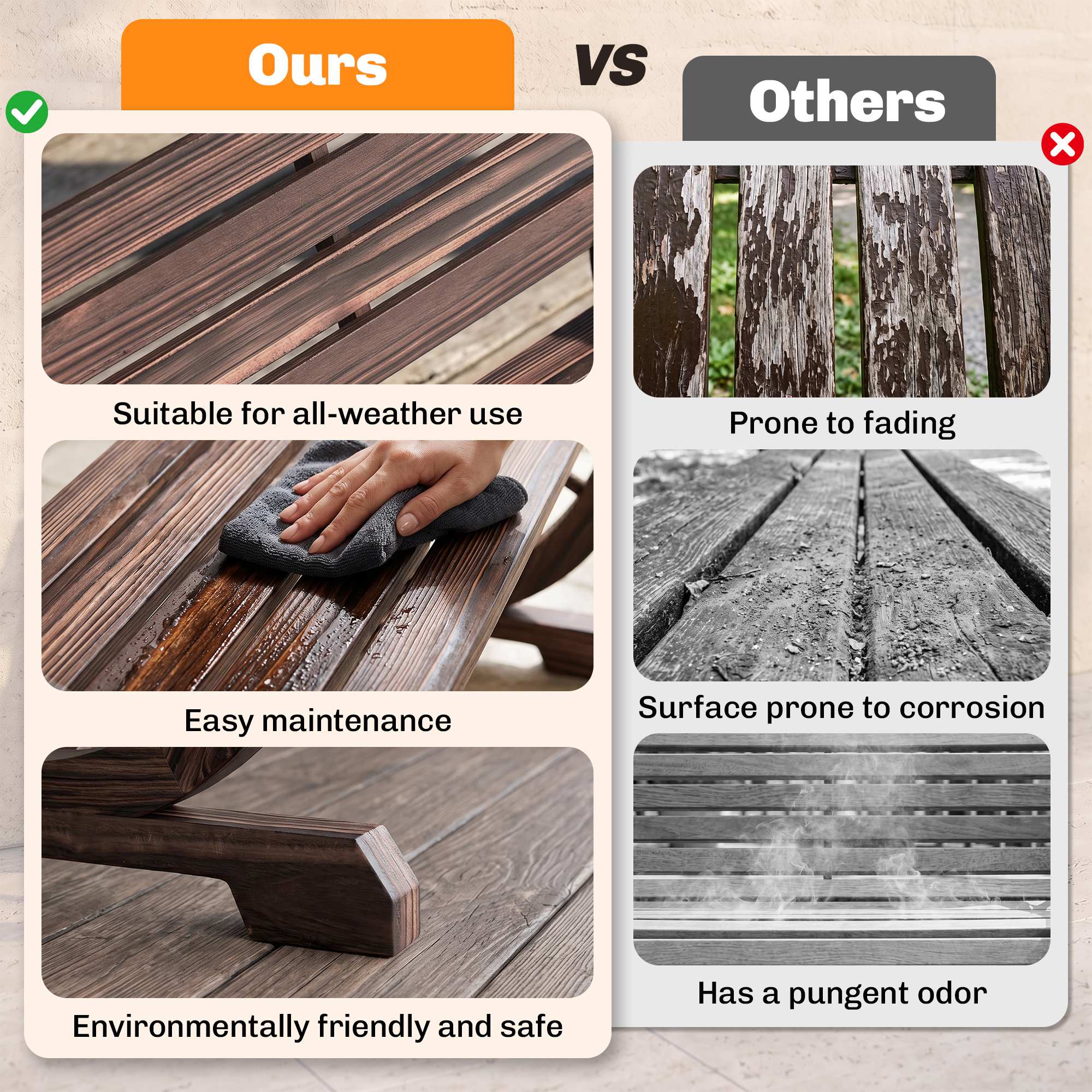 Ours
VS
Others
Suitable for all-weather use
Prone to fading
Easy maintenance
Surface prone to corrosion
Environmentally friendly and safe
Has a pungent odor