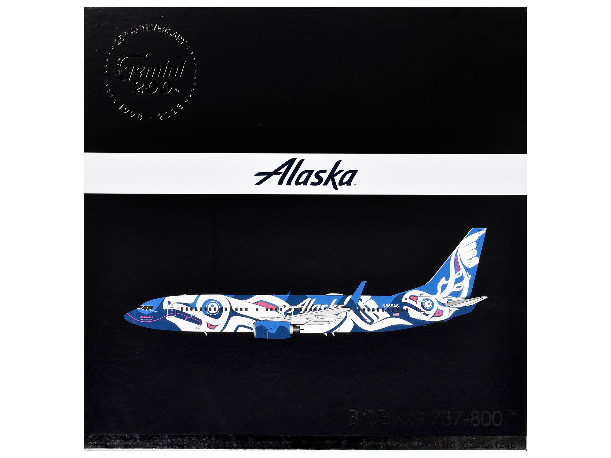 Sure, here is the corrected and grouped text from the image:

---

**35th Anniversary**  
**2000**  
**1999 - 2023**

**Alaska**

**BOEING 737-800**  
**N594AS**

**Item No. G2ASA1246**

---

This text is organized based on the layout and design elements visible in the image.