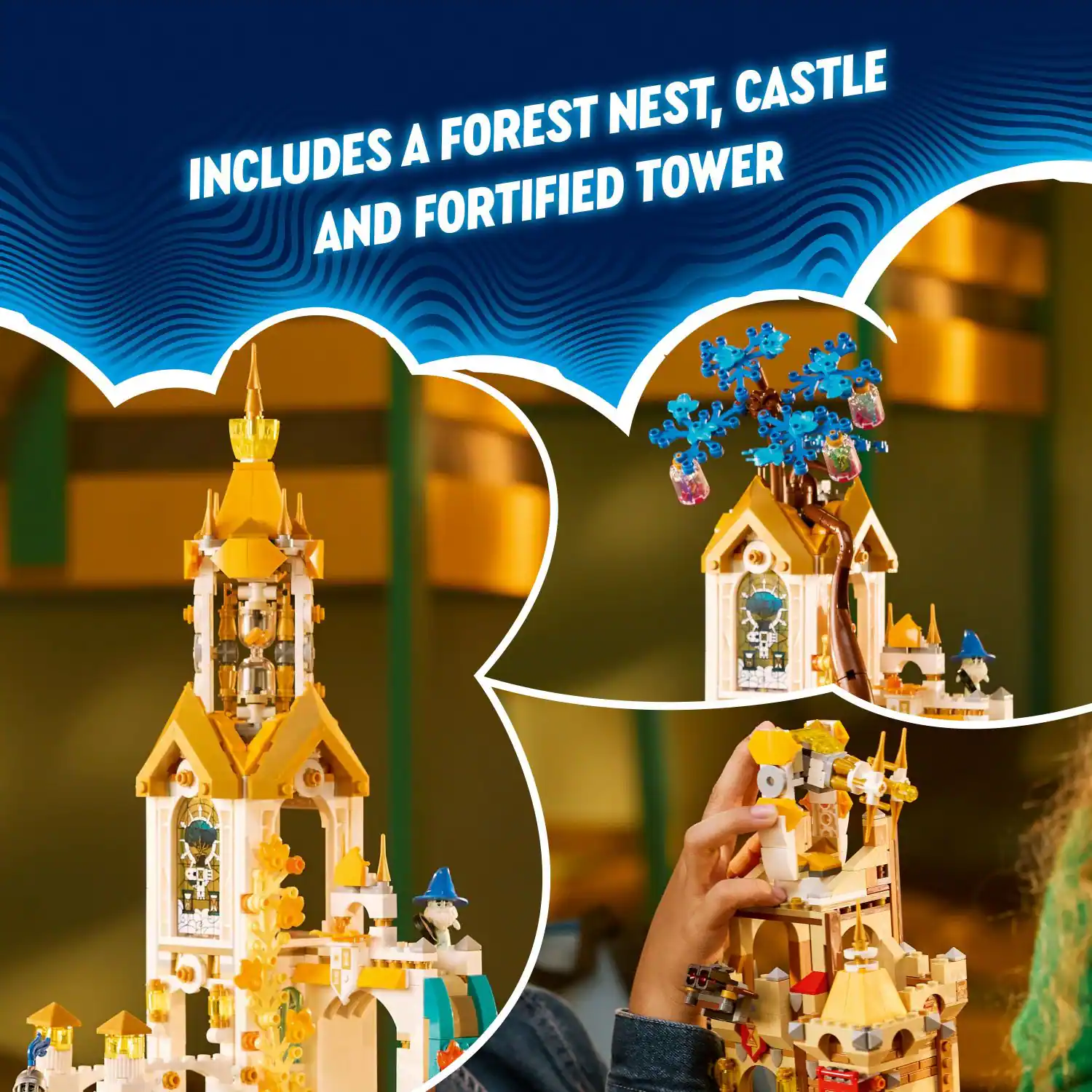 The image features a large castle made of Legos, which includes a forest, a fortified tower, and a castle. The castle is situated on top of a hill, and it is surrounded by trees. The castle is also adorned with blue flowers, adding a touch of color to the scene. A person is present in the image, possibly admiring the intricate design of the castle or playing with the Legos.