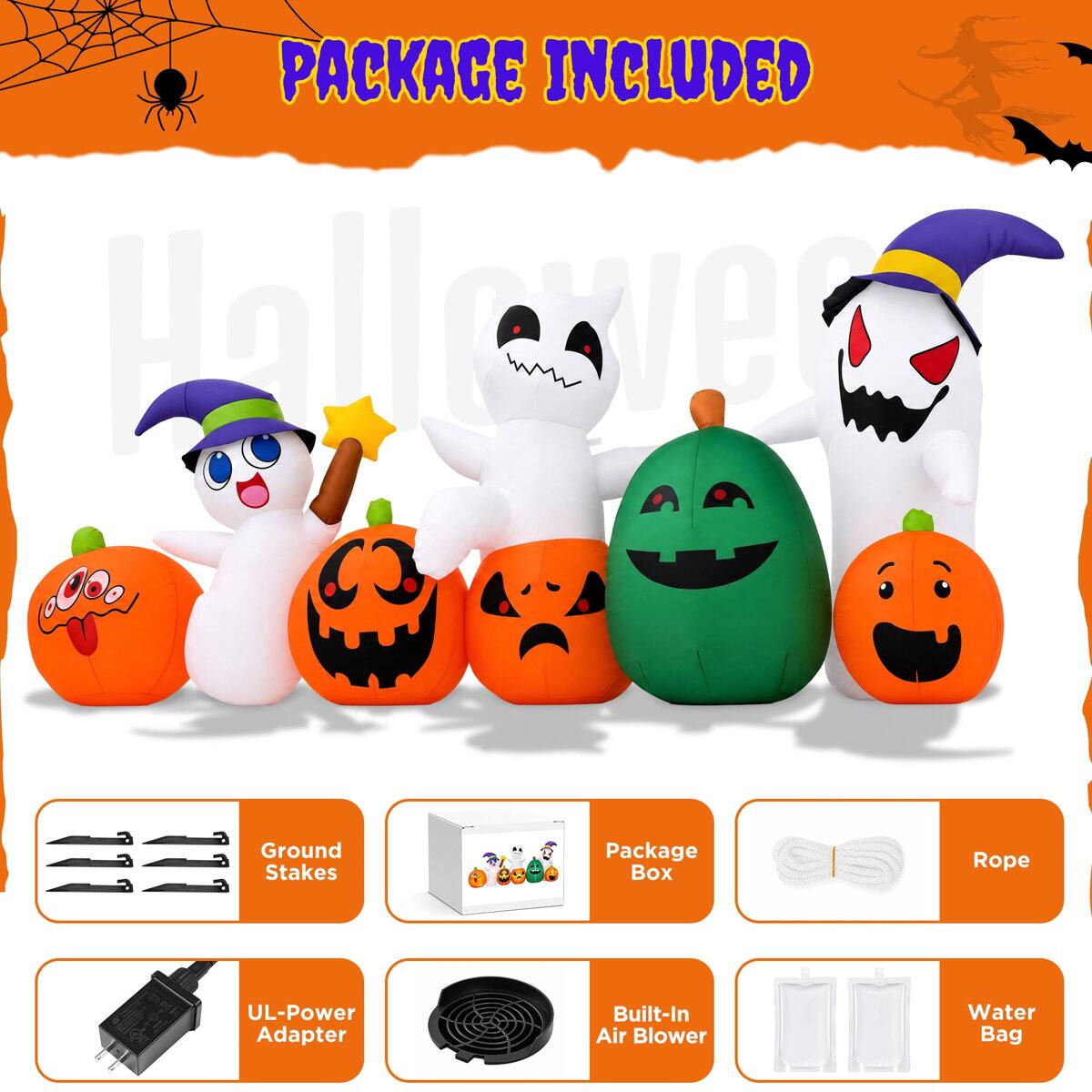 PACKAGE INCLUDED

- Hallogra
- Ground Stakes
- Package Box
- Rope
- UL-Power Adapter
- Built-In Air Blower
- Water Bag