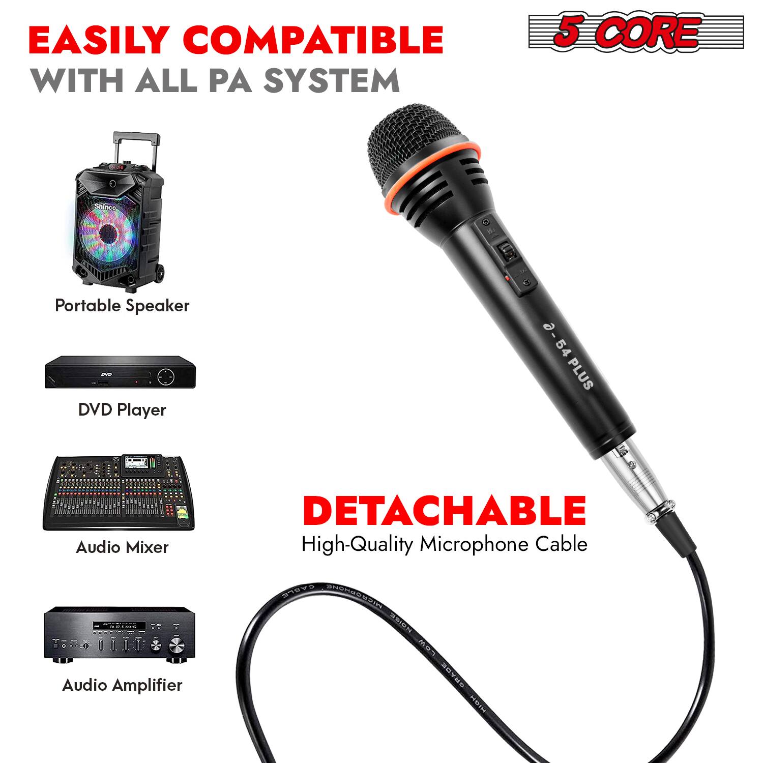 EASILY COMPATIBLE WITH ALL PA SYSTEM

5 CORE

Portable Speaker

DVD Player

Audio Mixer

Audio Amplifier

DETACHABLE High-Quality Microphone Cable