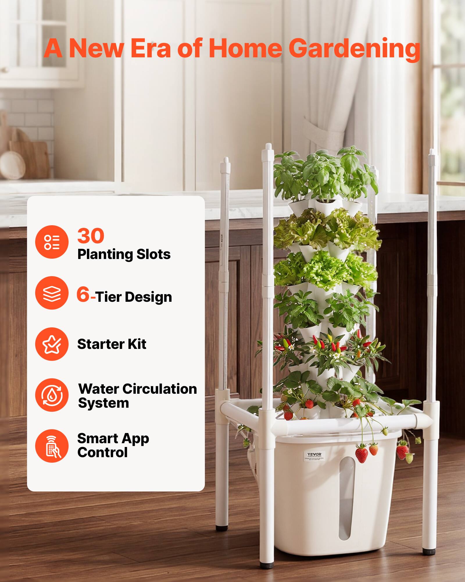A New Era of Home Gardening

- 30 Planting Slots
- 6-Tier Design
- Starter Kit
- Water Circulation System
- Smart App Control

TEVLI