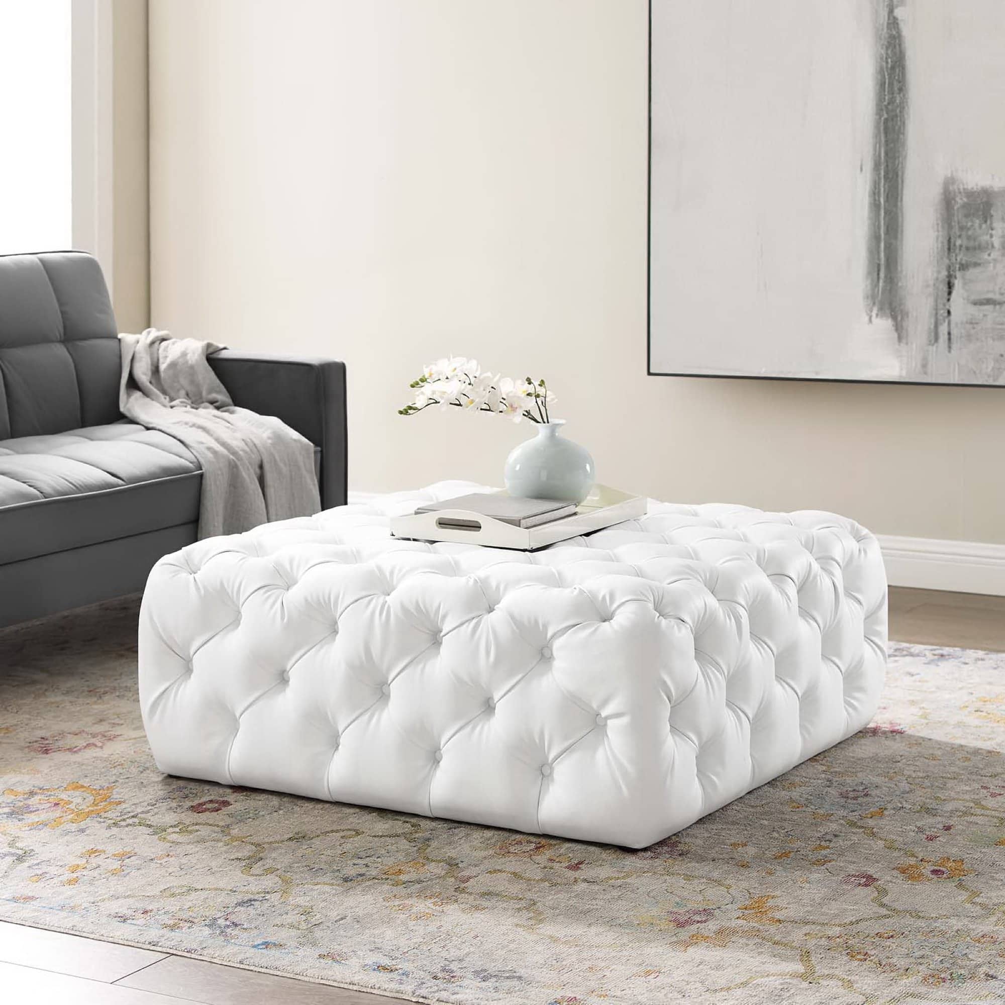 Amour Tufted Button Large Square Faux Leather Ottoman by Modway - EEI-3773-WHI