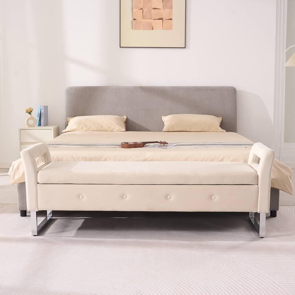 Angle. Ropilly - Ropilly 68" Beige Velvet Storage Bench with Armrests, End of Bed Bedroom Bench, Entryway Shoe Bench with Hidden Storage - Beige.