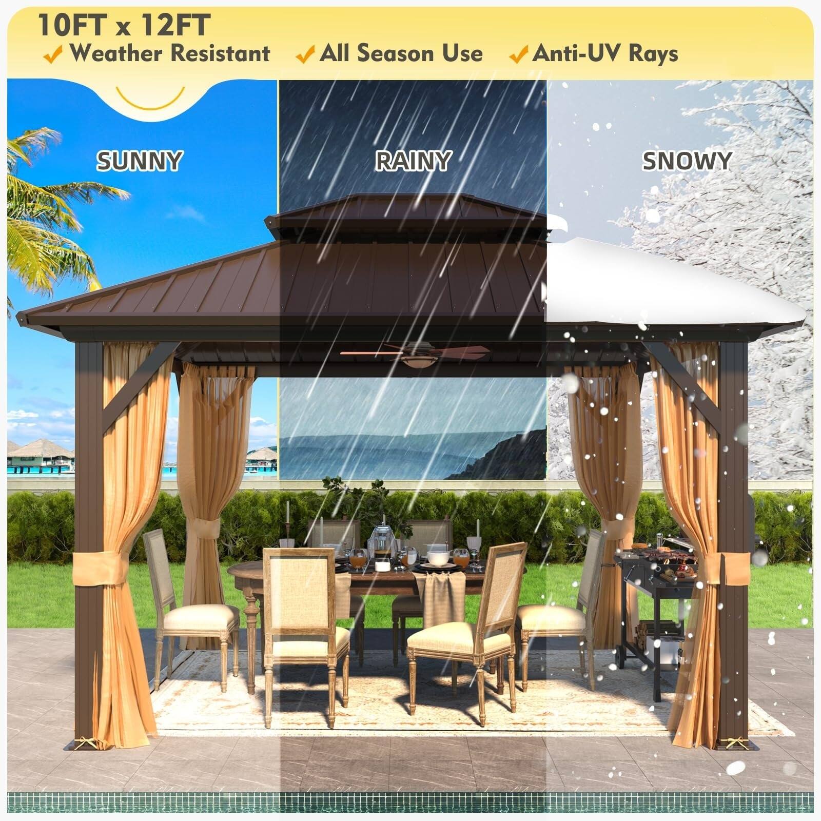 10FT x 12FT  
Weather Resistant  
All Season Use  
Anti-UV Rays  

SUNNY  
RAINY  
SNOWY