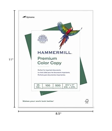 Sylvomo 1 11" HAMMERMILL. Premium Color Copy Perfect for Important documents. La choix idéal pour les documents. Perfects para documentos. 28. 105 100 500 8%" x 11 216 x 279. Makes your work look better. FSC 8.5"