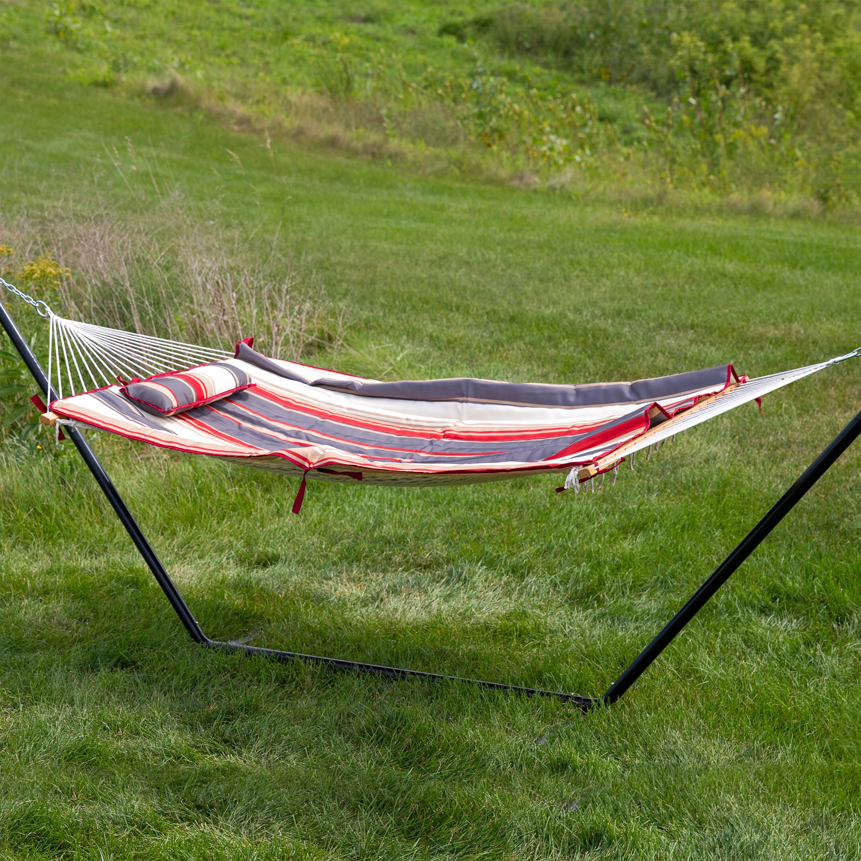 Alt View 7. Sunnydaze - Large Rope Hammock with Steel Stand and Pad/Pillow - Modern Lines.
