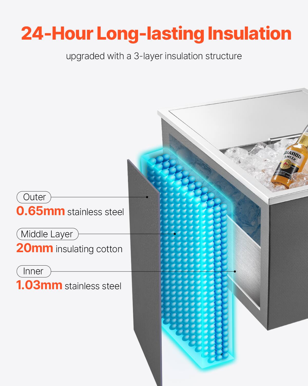 24-Hour Long-lasting Insulation  
upgraded with a 3-layer insulation structure  

Outer  
0.65mm stainless steel  

Middle Layer  
20mm insulating cotton  

Inner  
1.03mm stainless steel