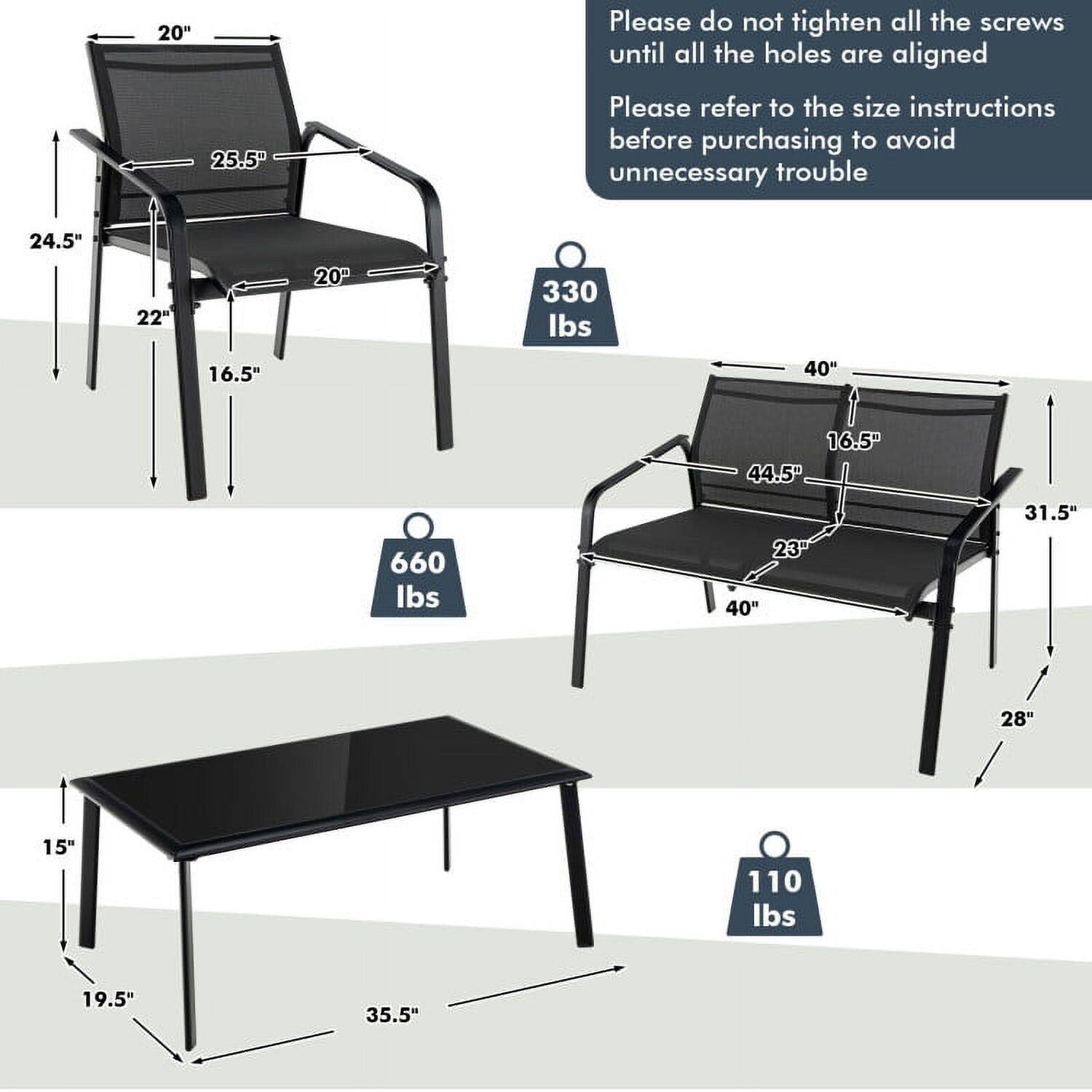 Please do not tighten all the screws until all the holes are aligned. Please refer to the size instructions before purchasing to avoid unnecessary trouble.

- Chair:
  - Width: 20"
  - Depth: 25.5"
  - Height: 24.5"
  - Seat Height: 16.5"
  - Seat Depth: 20"
  - Weight Capacity: 330 lbs

- Bench:
  - Length: 40"
  - Width: 16.5"
  - Depth: 44.5"
  - Height: 31.5"
  - Seat Height: 23"
  - Weight Capacity: 660 lbs

- Table:
  - Length: 35.5"
  - Width: 19.5"
  - Height: 15"
  - Weight Capacity: 110 lbs