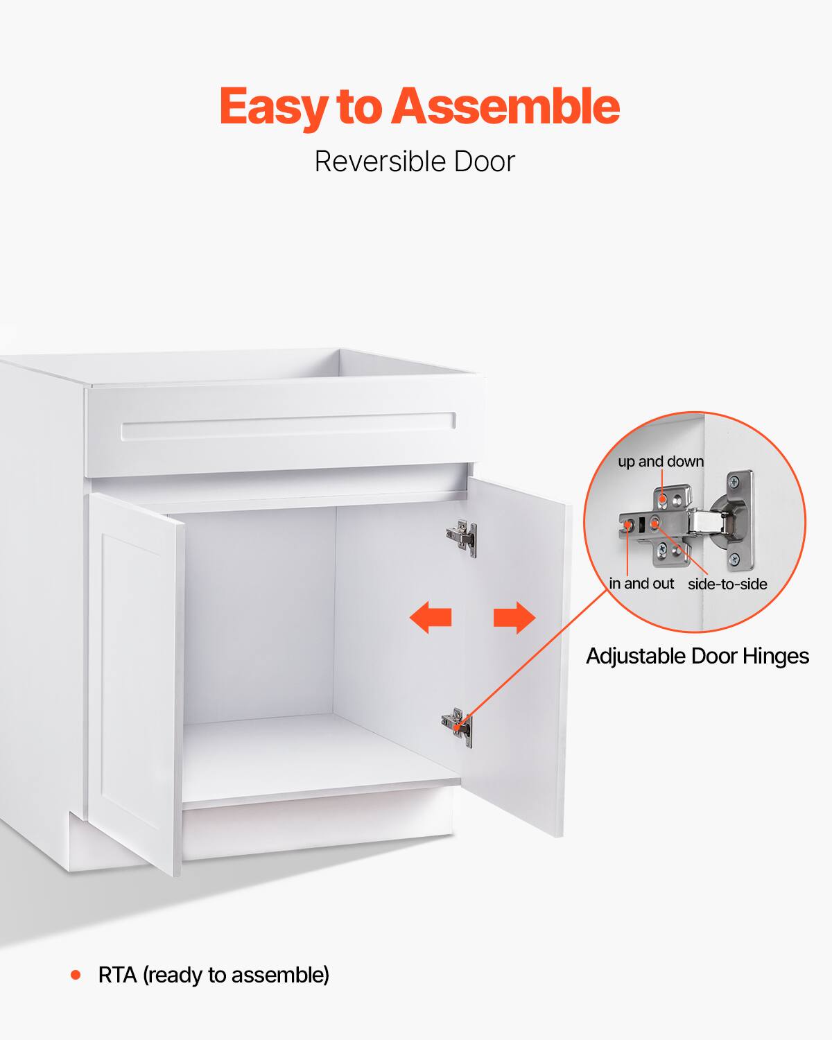 Easy to Assemble  
Reversible Door  

Adjustable Door Hinges  
- up and down  
- in and out  
- side-to-side  

RTA (ready to assemble)