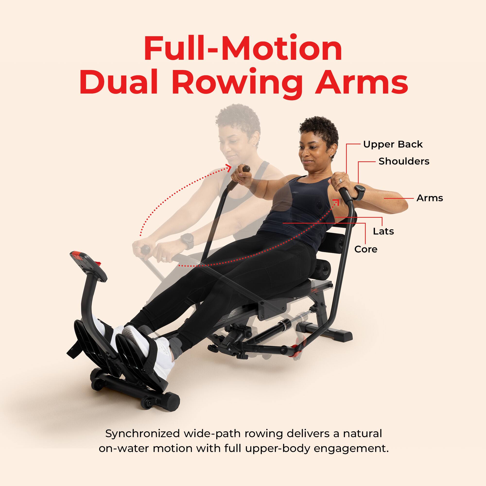 Full-Motion Dual Rowing Arms

Upper Back
Shoulders
Arms
Lats
Core

Synchronized wide-path rowing delivers a natural on-water motion with full upper-body engagement.