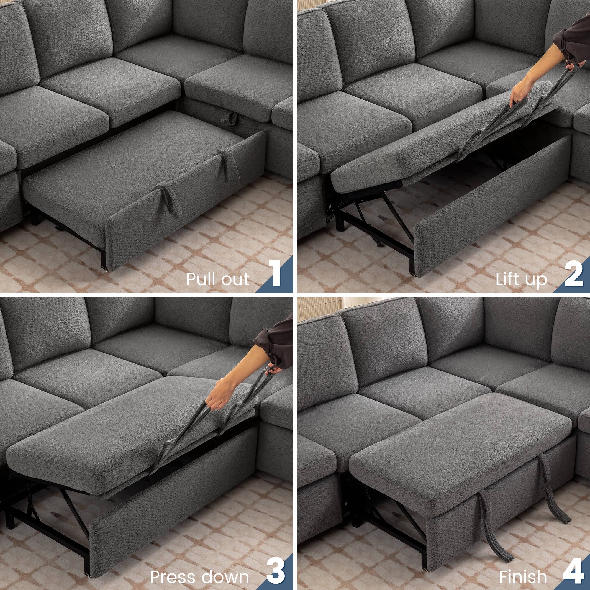 1. Pull out  
2. Lift up  
3. Press down  
4. Finish