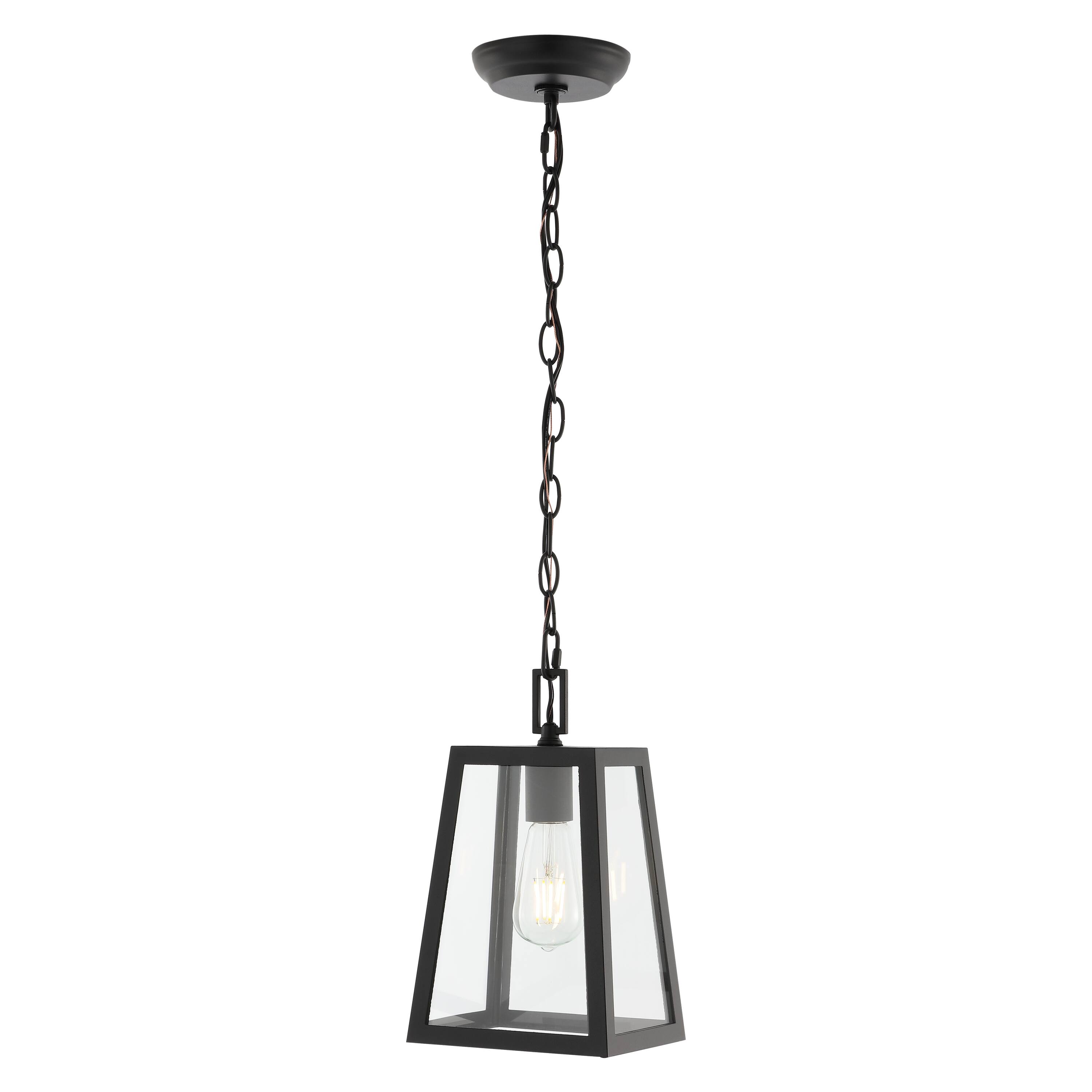 Front. Jonathan Y - Glendale 6.75" 1-Light Farmhouse Industrial Iron/Glass Outdoor LED Pendant, Black/Clear - Black/Clear.