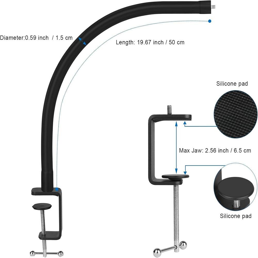 Diameter: 0.59 inch / 1.5 cm  
Length: 19.67 inch / 50 cm  
Silicone pad  
Max Jaw: 2.56 inch / 6.5 cm  
Silicone pad