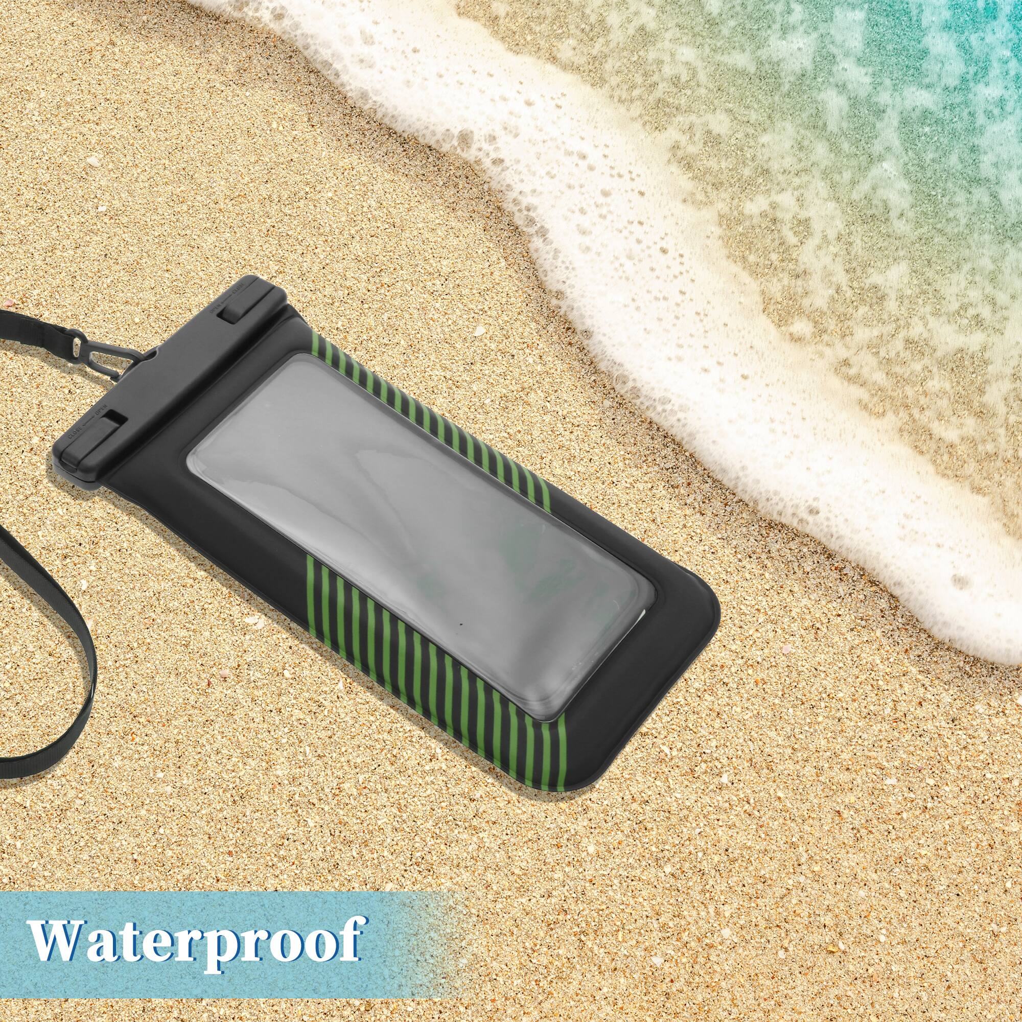 Alt View 1. Unique Bargains - 2pcs Half Stripe Mobile Waterproof Bag Universal Waterproof Case Compatible for Phone 4.53"x8.27" - Black Green.
