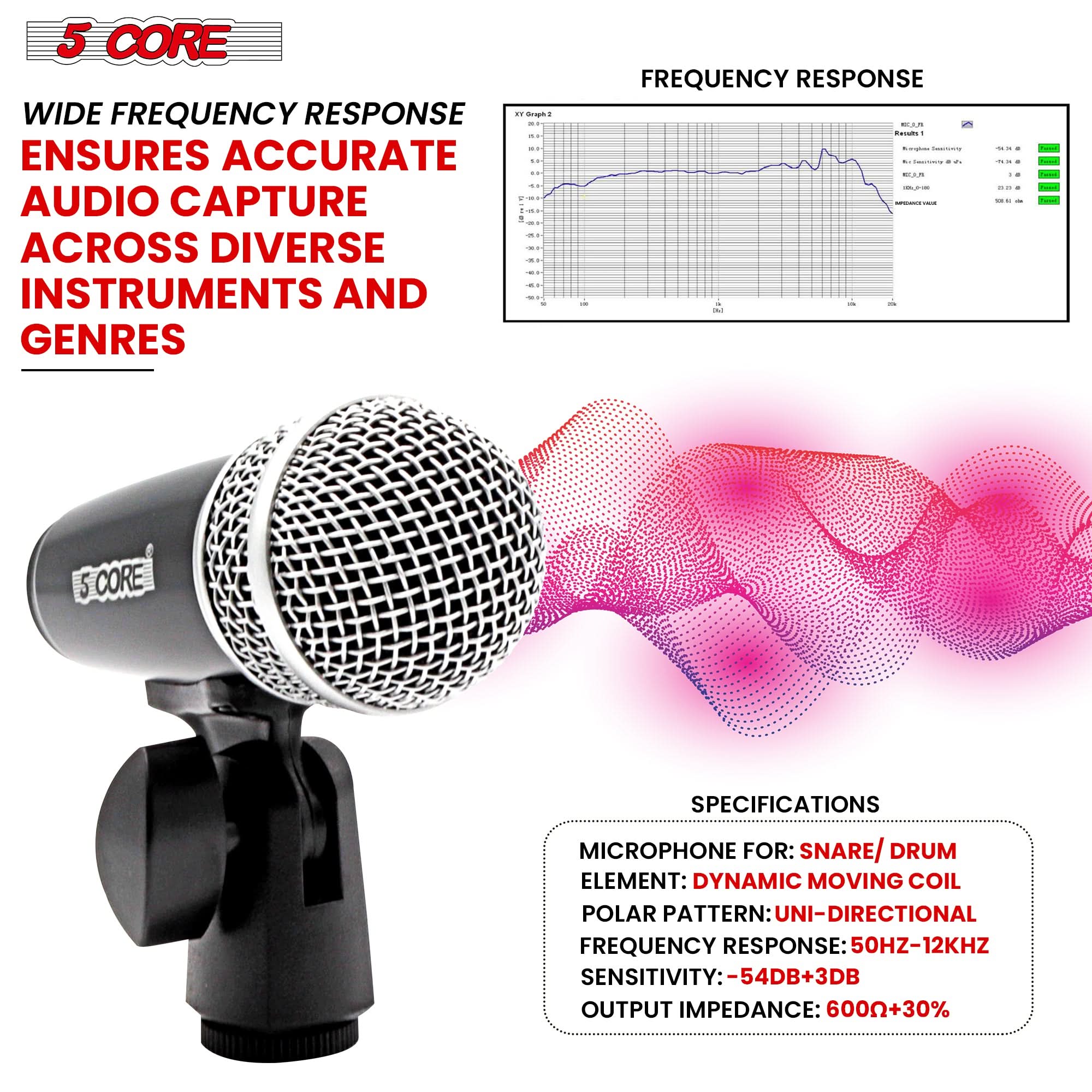 5 CORE

WIDE FREQUENCY RESPONSE  
ENSURES ACCURATE AUDIO CAPTURE  
ACROSS DIVERSE INSTRUMENTS AND GENRES

FREQUENCY RESPONSE

SPECIFICATIONS  
MICROPHONE FOR: SNARE/DRUM  
ELEMENT: DYNAMIC MOVING COIL  
POLAR PATTERN: UNI-DIRECTIONAL  
FREQUENCY RESPONSE: 50HZ-12KHZ  
SENSITIVITY: -54DB+3DB  
OUTPUT IMPEDANCE: 600Ω+30%
