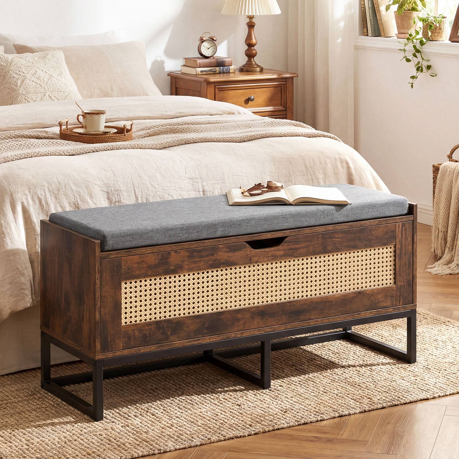 Alt View 4. Costway - Costway 39.5" Rattan Storage Chest with Padded Seat, Flip-Top and Safety Hinges for Bedroom - Rustic Brown + Black.
