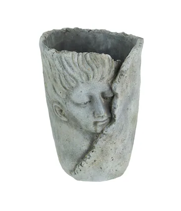 Front. Mayrich Company - Weathered Finish Concrete Leaf Wrap Face Planter / Vase 8 Inches High - Grey.