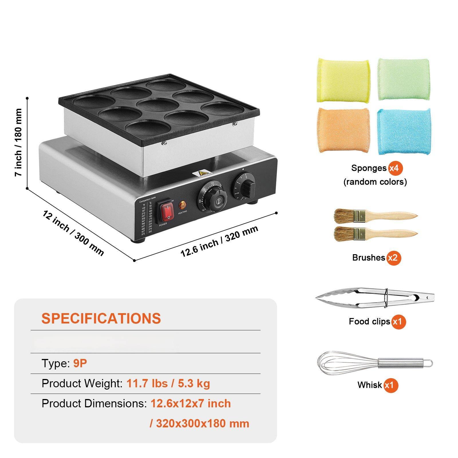 **SPECIFICATIONS**

- Type: 9P
- Product Weight: 11.7 lbs / 5.3 kg
- Product Dimensions: 12.6x12x7 inch / 320x300x180 mm

**Included Items:**
- Sponges x4 (random colors)
- Brushes x2
- Food clips x1
- Whisk x1