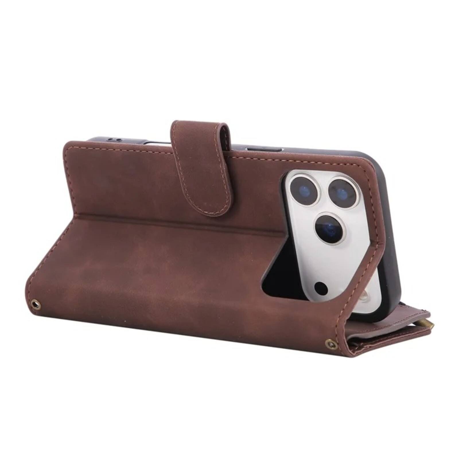 Alt View 2. UUCOVER - Wallet Case for Apple iPhone 18 Pro with Card Slots Cash Holder, Zipper Pocket, Wrist & Shoulder Strap, Flip Stand Cover - Coffee.