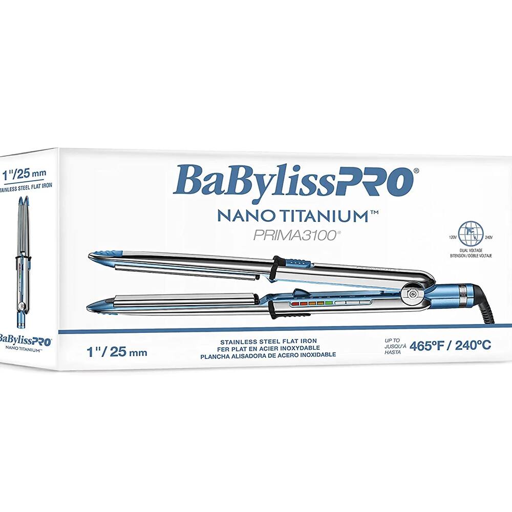 1"/25 mm Stainless Steel Flat Iron  
BaBylissPRO Nano Titanium  
Prima3100  
Up to 465°F / 240°C  
Dual Voltage