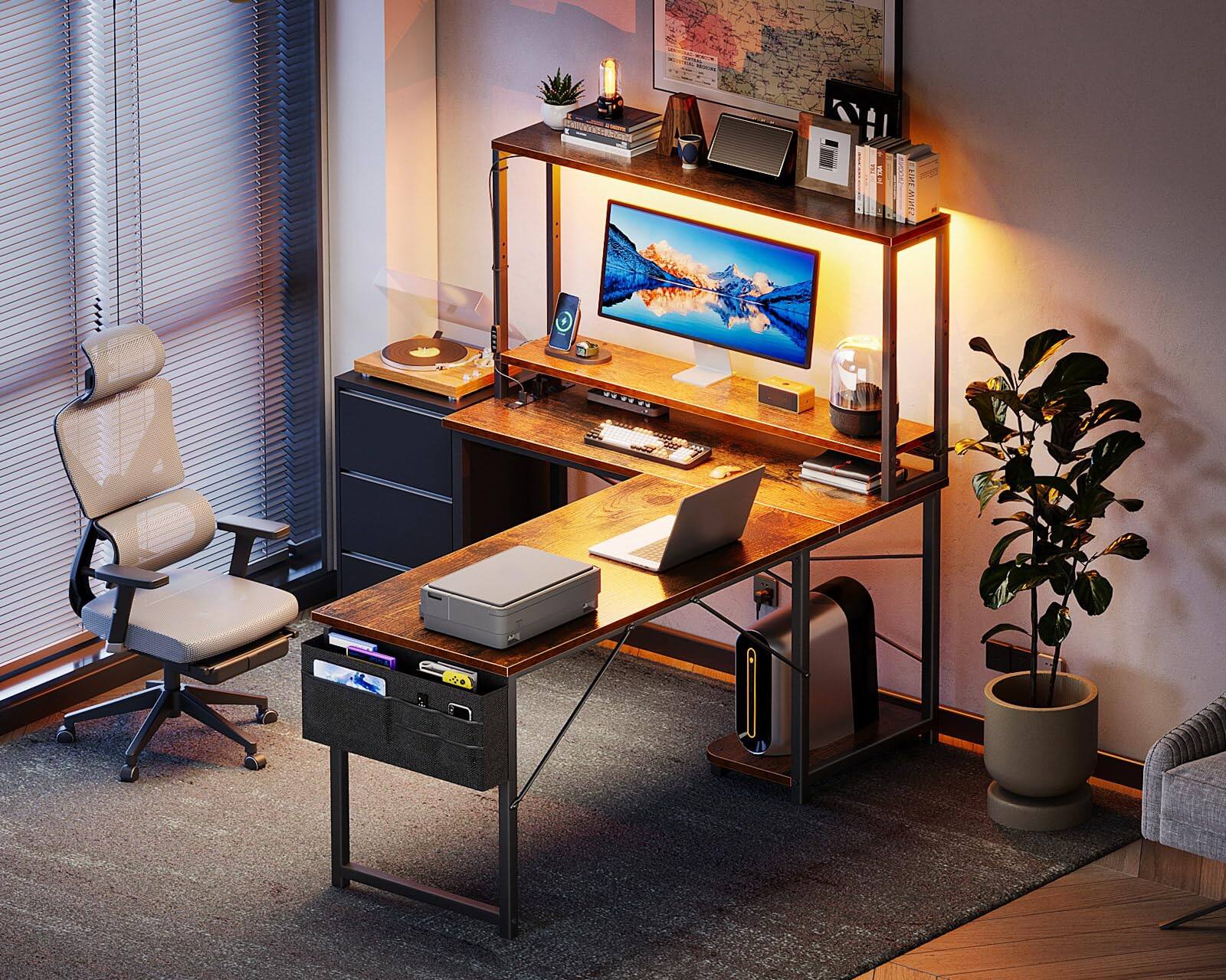 Alt View 3. AODK - Reversible L-Shaped Gaming Desk with LED Light, Power Outlet, Shelf, Storage Bag and Hook - Brown.